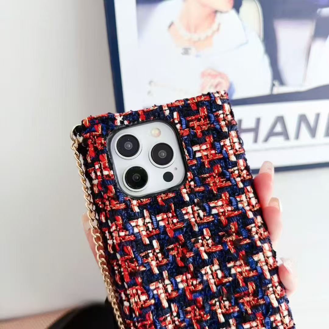 Chanel-Style Tweed Crossbody Phone Case Bag with Chain Strap - The Luxe Case