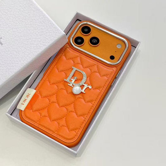 Dior Heart Quilted Leather Rhinestone Logo Luxury Electroplated Frame Phone Case - The Luxe Case