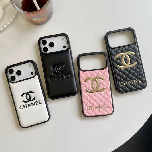 Chanel Classic Quilted Leather 3D Gold Logo Luxury Phone Case - The Luxe Case