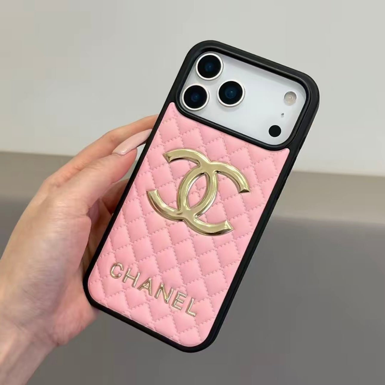 Chanel Classic Quilted Leather 3D Gold Logo Luxury Phone Case - The Luxe Case