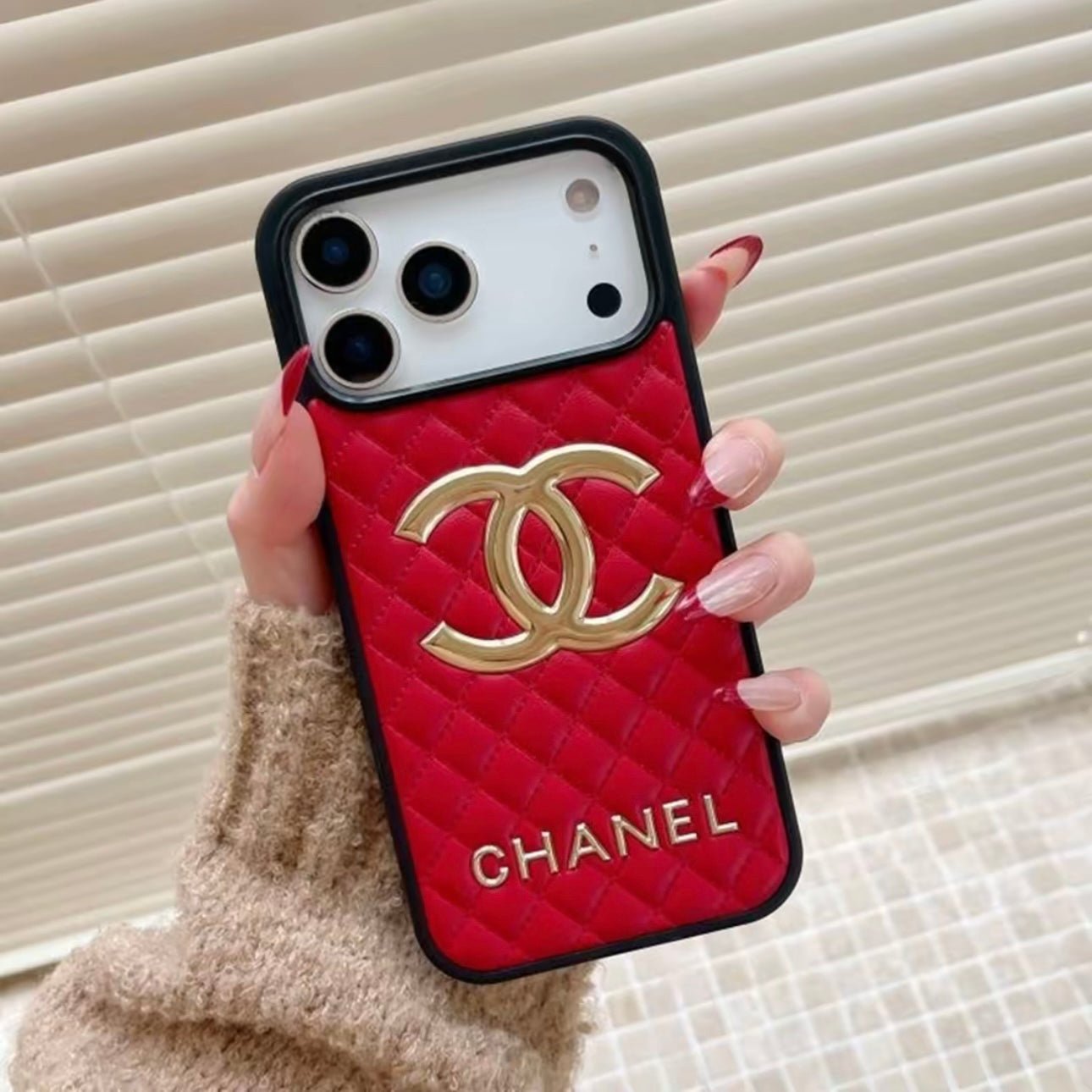 Chanel Classic Quilted Leather 3D Gold Logo Luxury Phone Case - The Luxe Case
