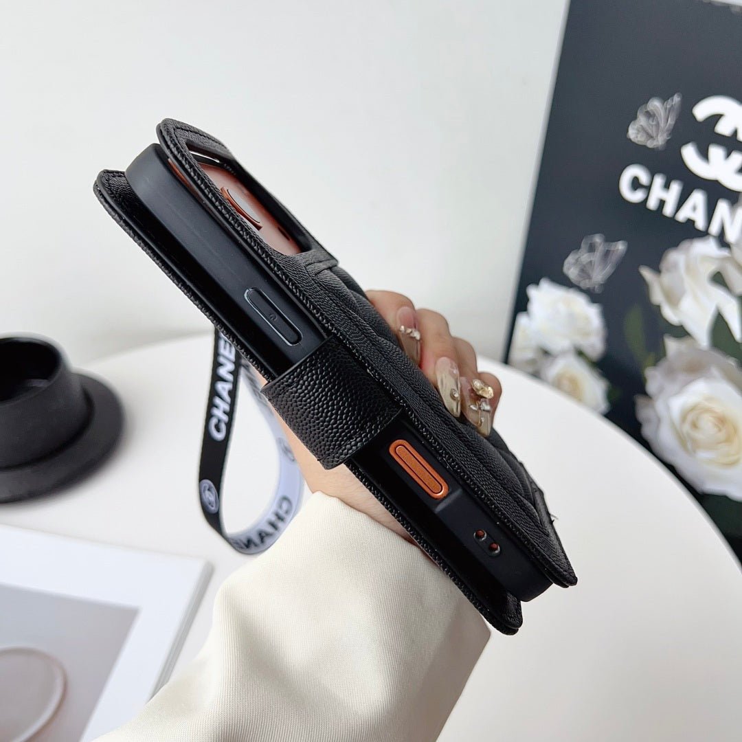Chanel Style Diamond Quilted Leather Flip Wallet Phone Case with Wrist Strap - The Luxe Case
