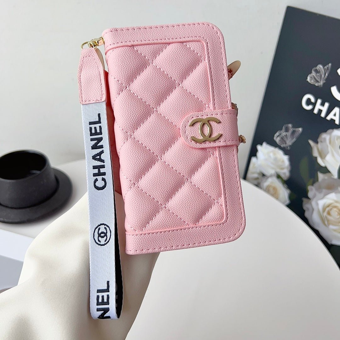 Chanel Style Diamond Quilted Leather Flip Wallet Phone Case with Wrist Strap - The Luxe Case