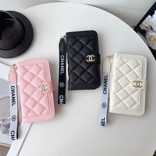 Chanel Style Diamond Quilted Leather Flip Wallet Phone Case with Wrist Strap - The Luxe Case