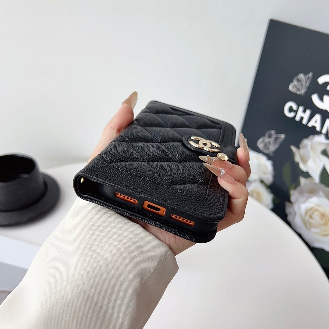 Chanel Style Diamond Quilted Leather Flip Wallet Phone Case with Wrist Strap - The Luxe Case