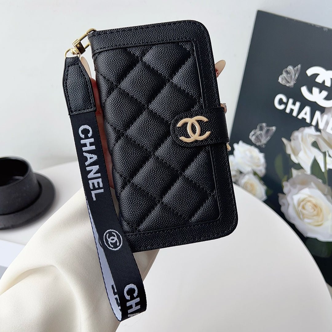 Chanel Style Diamond Quilted Leather Flip Wallet Phone Case with Wrist Strap - The Luxe Case