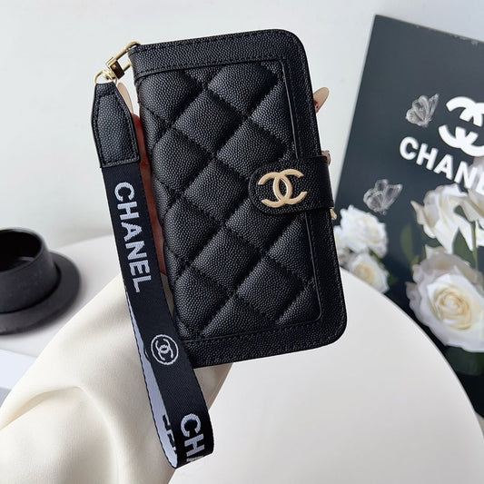Chanel Style Diamond Quilted Leather Flip Wallet Phone Case with Wrist Strap - The Luxe Case