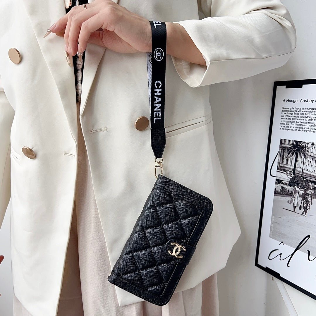 Chanel Style Diamond Quilted Leather Flip Wallet Phone Case with Wrist Strap - The Luxe Case