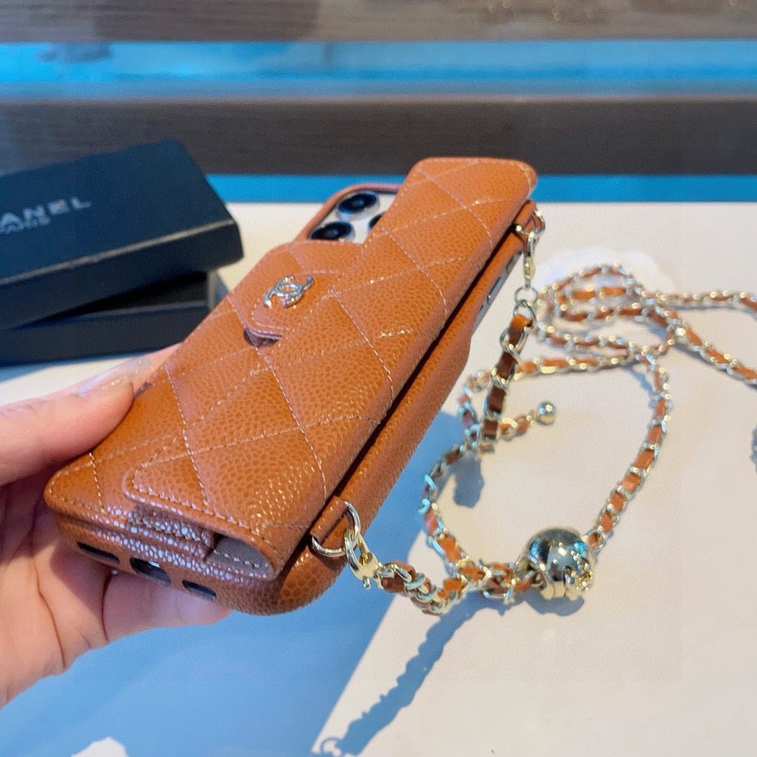 Chanel Style Quilted Leather Flip Card Holder Phone Case With Gold Chain Crossbody Strap - The Luxe Case