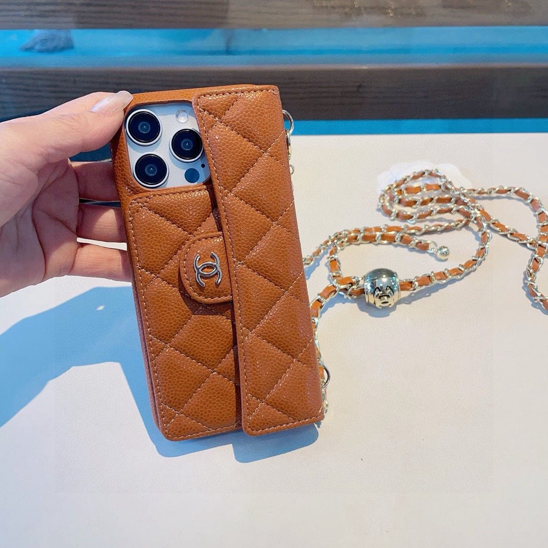 Chanel Style Quilted Leather Flip Card Holder Phone Case With Gold Chain Crossbody Strap - The Luxe Case