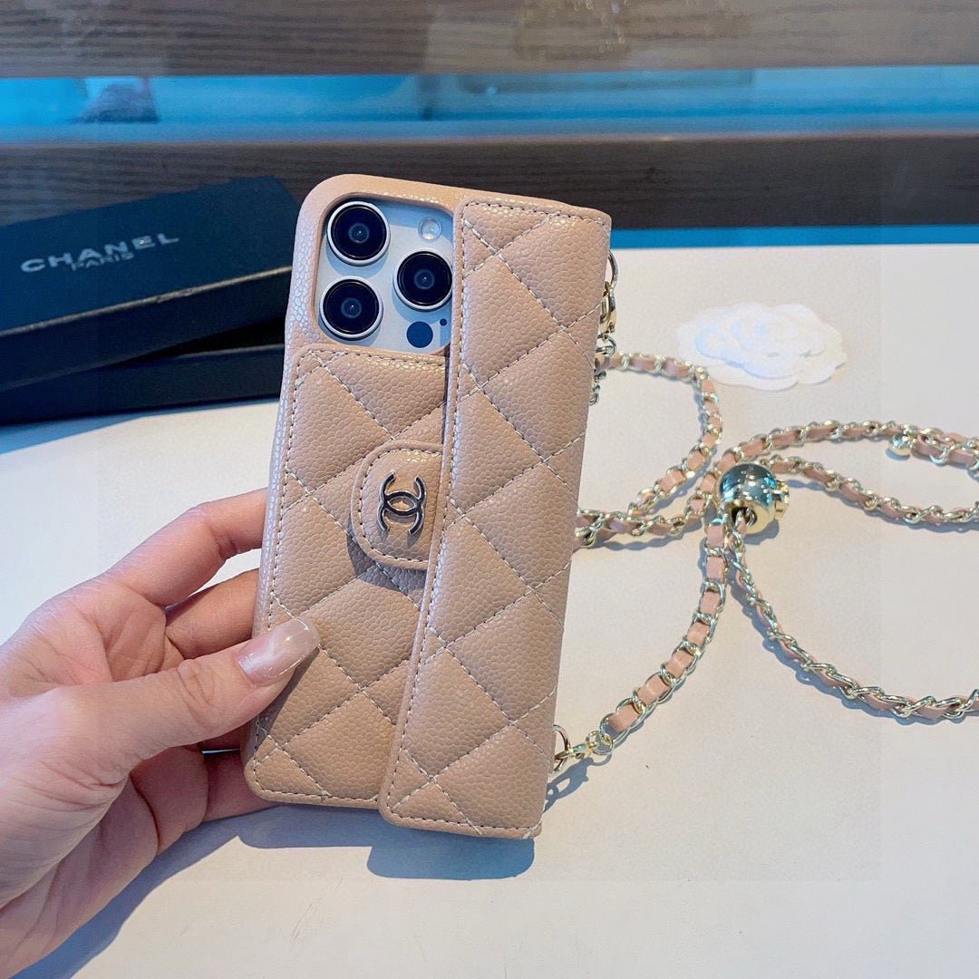 Chanel Style Quilted Leather Flip Card Holder Phone Case With Gold Chain Crossbody Strap - The Luxe Case