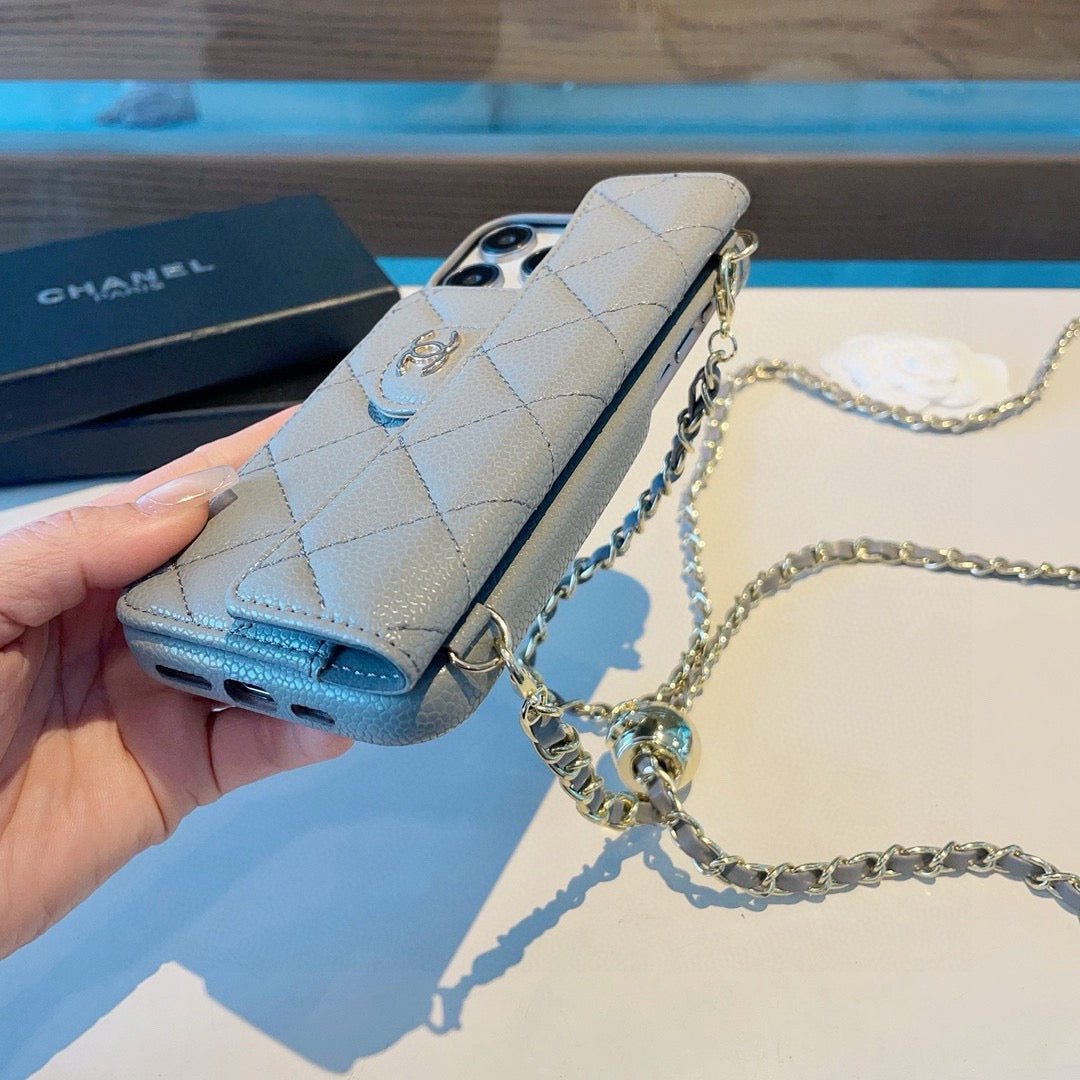 Chanel Style Quilted Leather Flip Card Holder Phone Case With Gold Chain Crossbody Strap - The Luxe Case