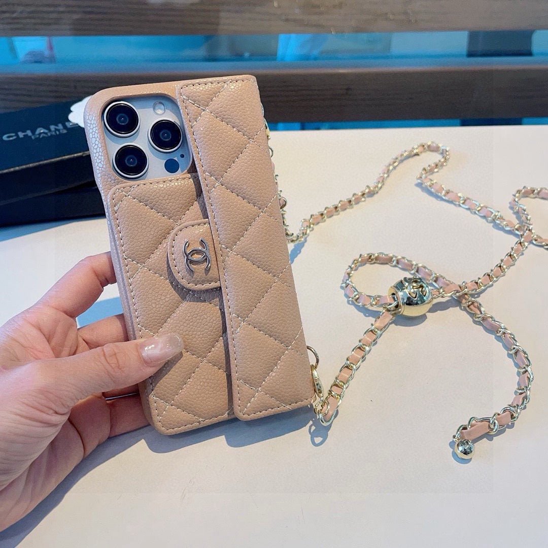 Chanel Style Quilted Leather Flip Card Holder Phone Case With Gold Chain Crossbody Strap - The Luxe Case