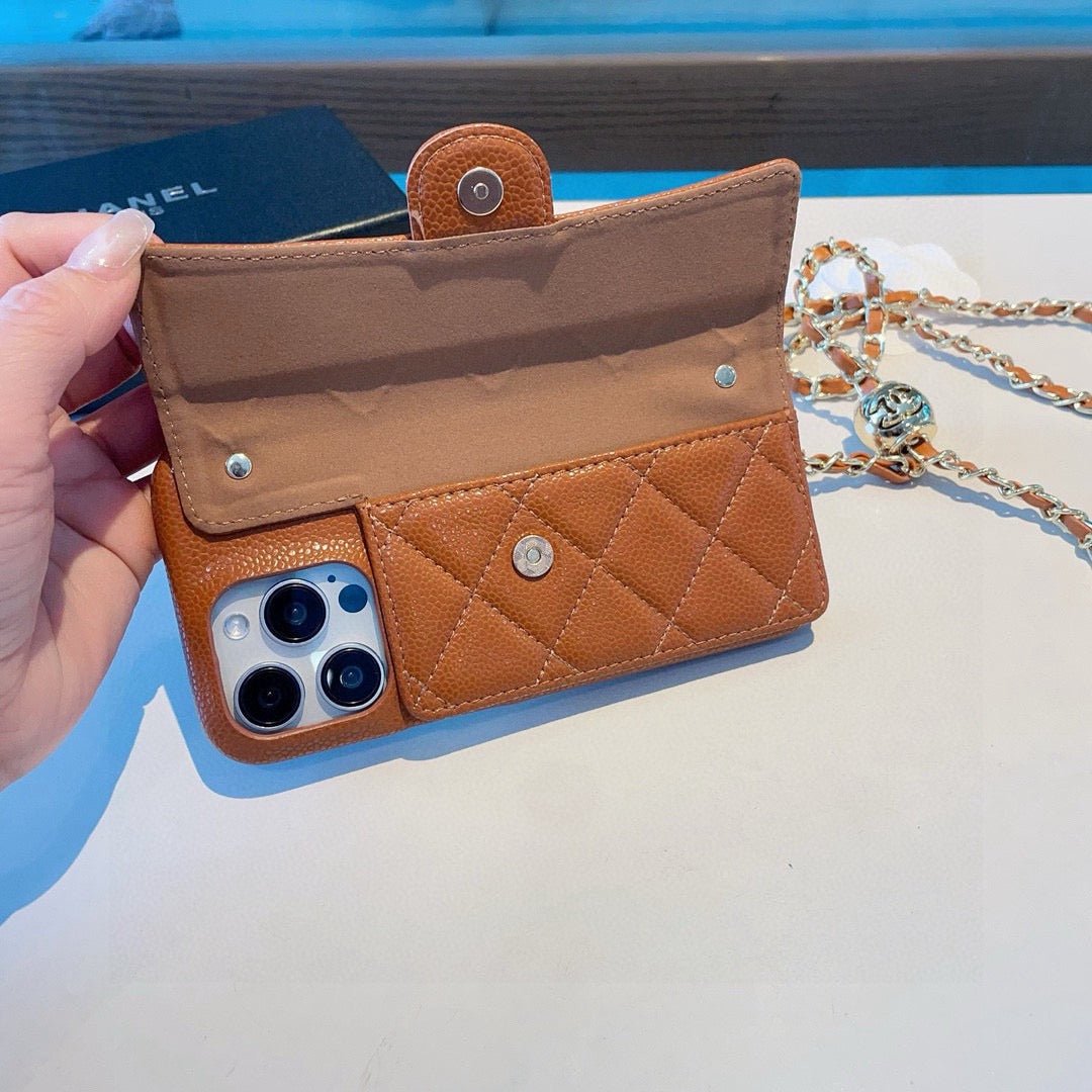 Chanel Style Quilted Leather Flip Card Holder Phone Case With Gold Chain Crossbody Strap - The Luxe Case