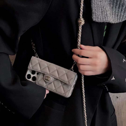 Chanel Style Quilted Leather Flip Card Holder Phone Case With Gold Chain Crossbody Strap - The Luxe Case
