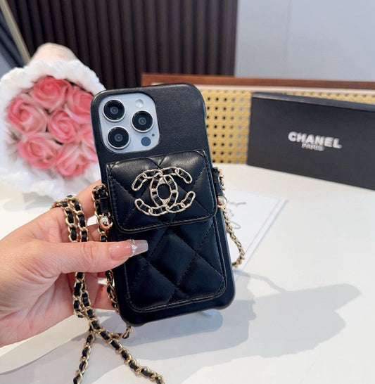 Chanel Style Quilted Leather Phone Case with Crossbody Chain & Card Pocket - The Luxe Case