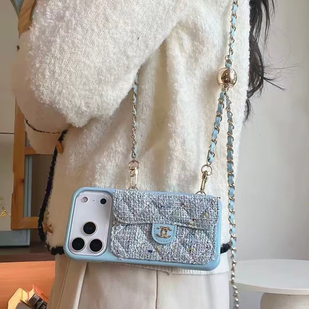 Chanel Style Quilted Wallet Phone Case With Adjustable Chain Crossbody Strap - The Luxe Case
