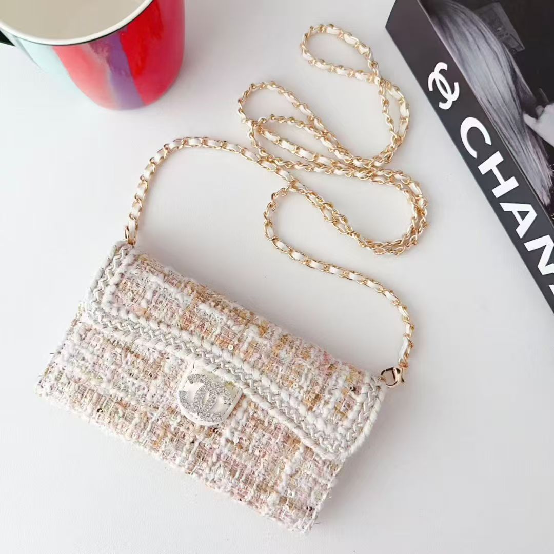 Chanel-Style Tweed Crossbody Phone Case Bag with Chain Strap - The Luxe Case