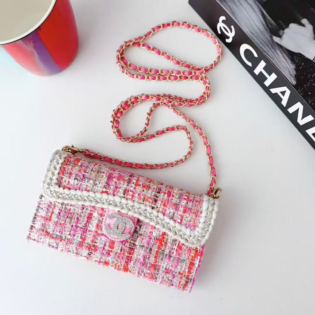 Chanel-Style Tweed Crossbody Phone Case Bag with Chain Strap - The Luxe Case