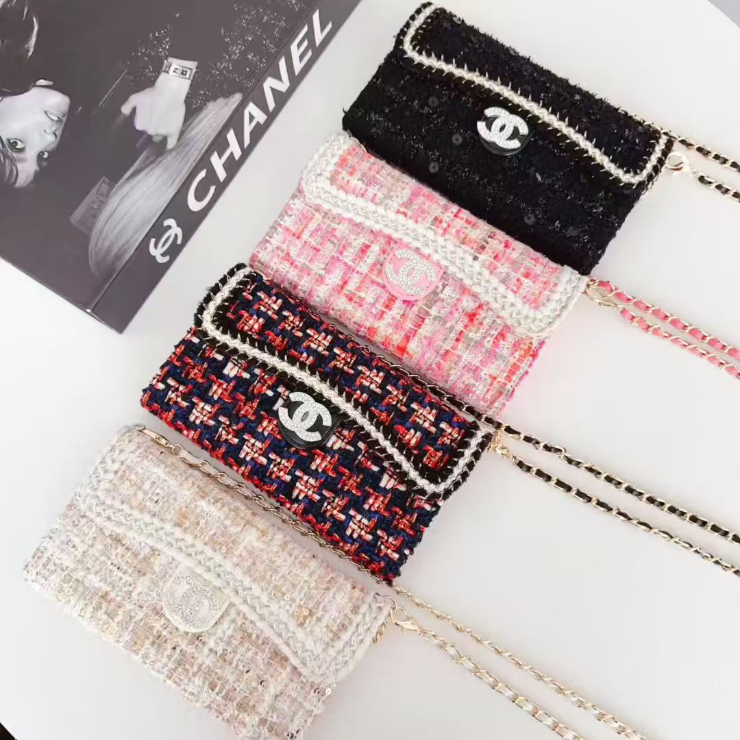 Chanel-Style Tweed Crossbody Phone Case Bag with Chain Strap - The Luxe Case