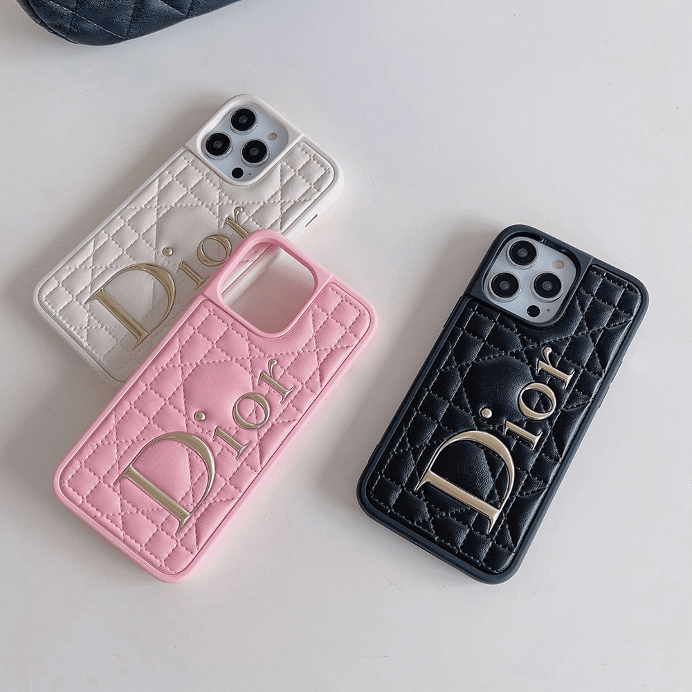 Dior Classic Quilted Leather 3D Gold Logo Luxury Shockproof Phone Case - The Luxe Case
