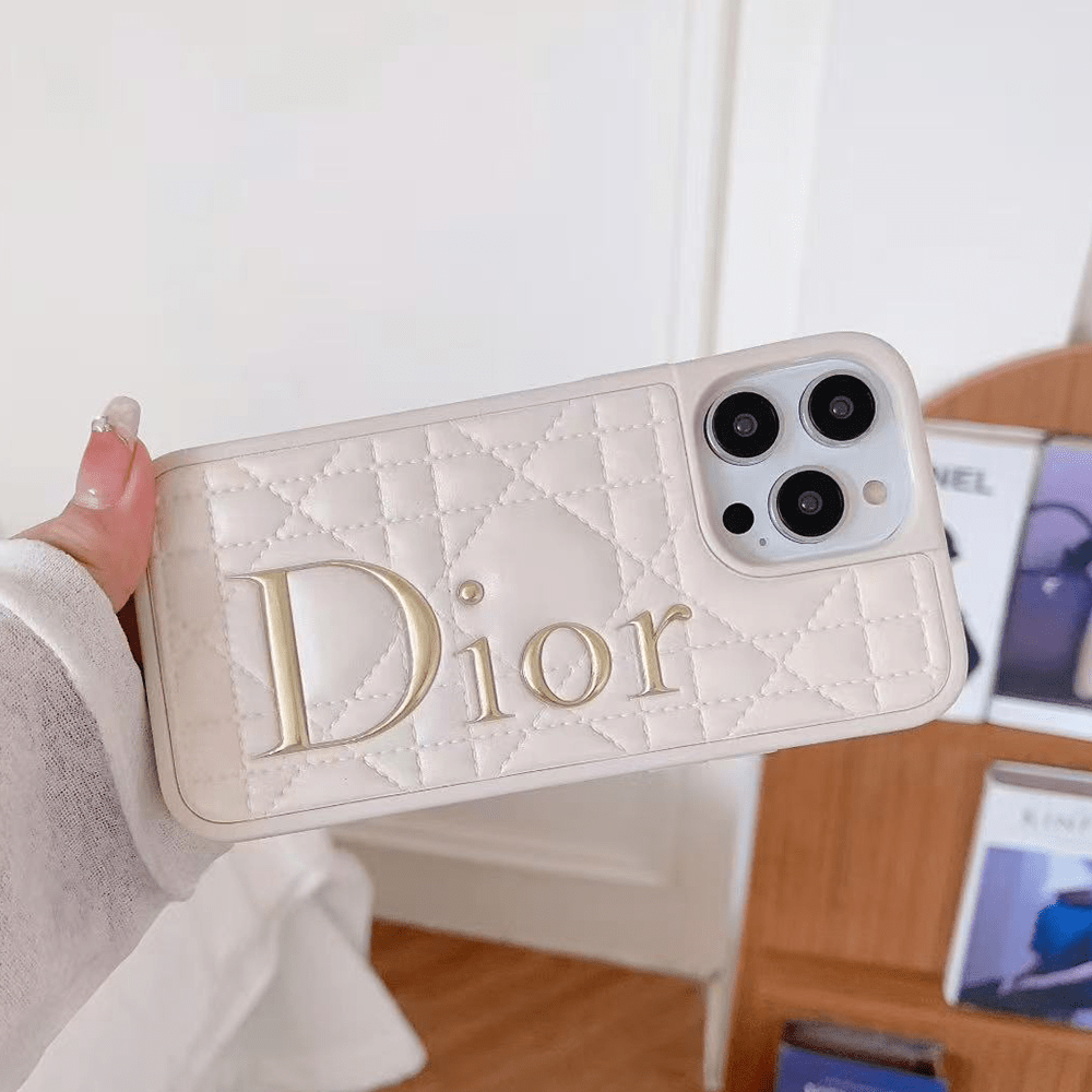 Dior Classic Quilted Leather 3D Gold Logo Luxury Shockproof Phone Case - The Luxe Case