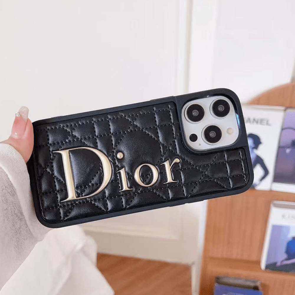 Dior Classic Quilted Leather 3D Gold Logo Luxury Shockproof Phone Case - The Luxe Case