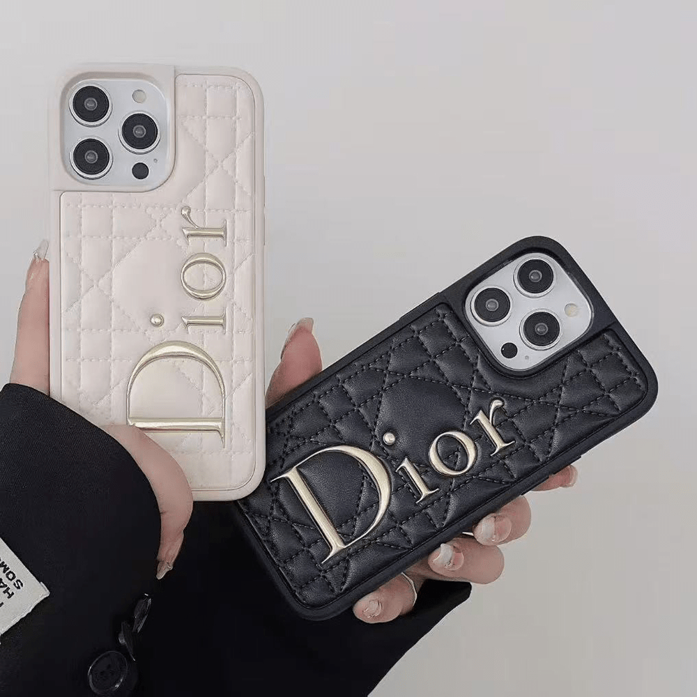 Dior Classic Quilted Leather 3D Gold Logo Luxury Shockproof Phone Case - The Luxe Case