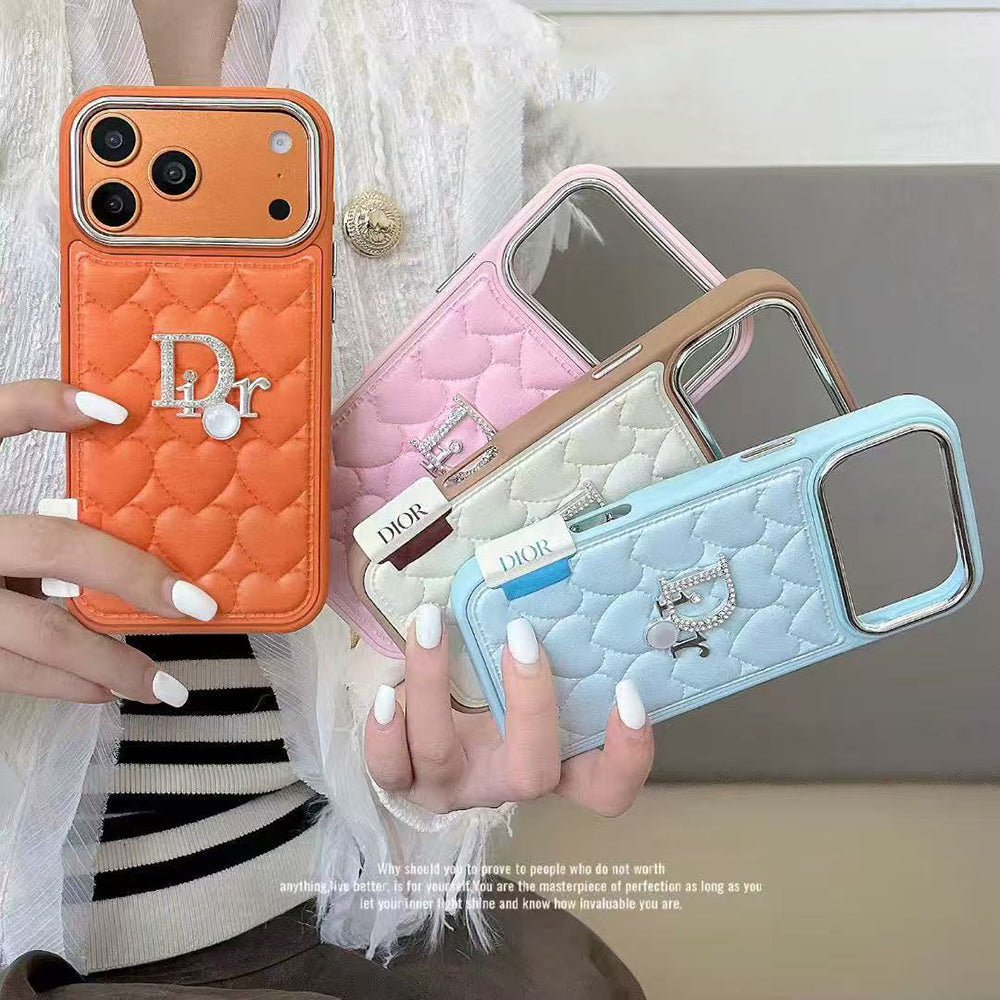 Dior Heart Quilted Leather Rhinestone Logo Luxury Electroplated Frame Phone Case - The Luxe Case