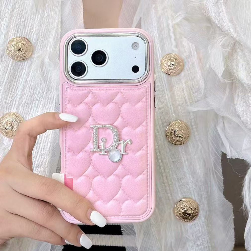 Dior Heart Quilted Leather Rhinestone Logo Luxury Electroplated Frame Phone Case - The Luxe Case