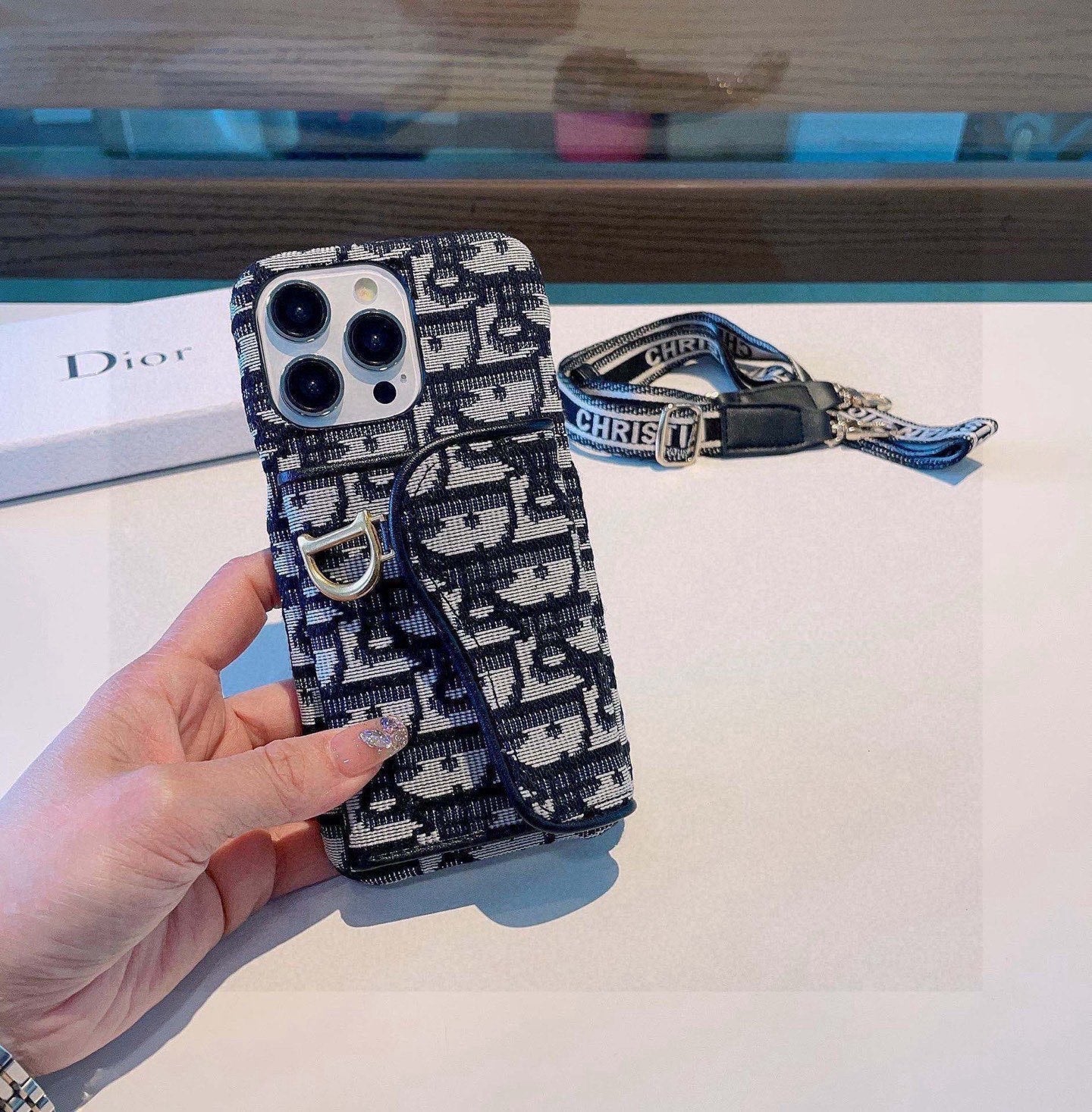 Dior Montaigne Card Holder Phone Case Embroidered Strap - The Luxe Case