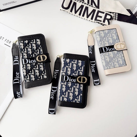 Dior Oblique Monogram Flip Wallet Phone Case With Brand Wrist Strap - The Luxe Case