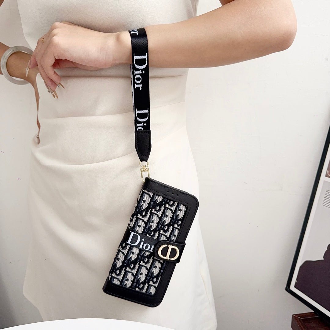 Dior Oblique Monogram Flip Wallet Phone Case With Brand Wrist Strap - The Luxe Case