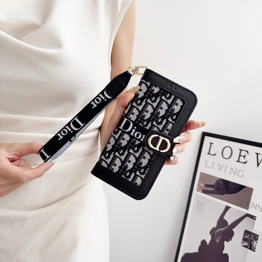 Dior Oblique Monogram Flip Wallet Phone Case With Brand Wrist Strap - The Luxe Case