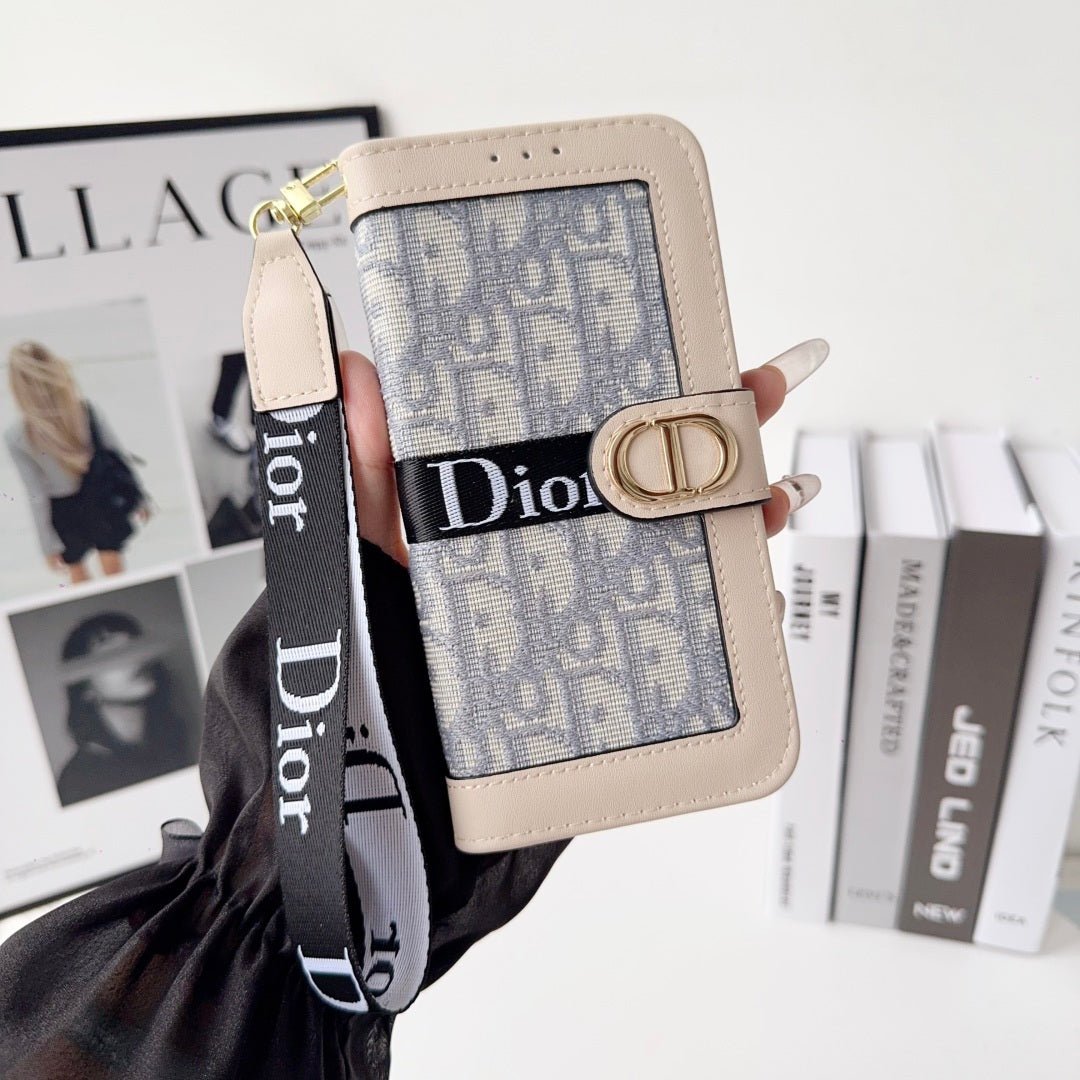 Dior Oblique Monogram Flip Wallet Phone Case With Brand Wrist Strap - The Luxe Case