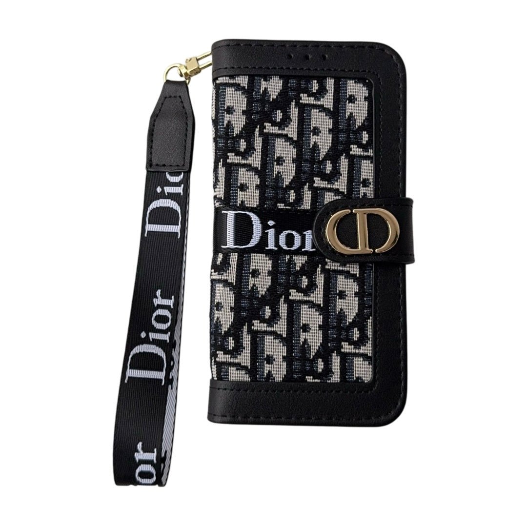 Dior Oblique Monogram Flip Wallet Phone Case With Brand Wrist Strap - The Luxe Case