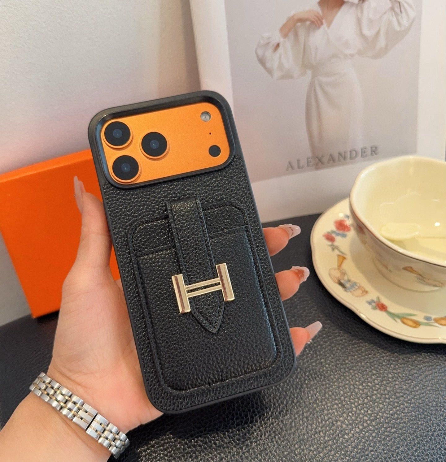 Hermès-Style Leather Card Holder Phone Case with H Buckle & Shockproof Bumper - The Luxe Case