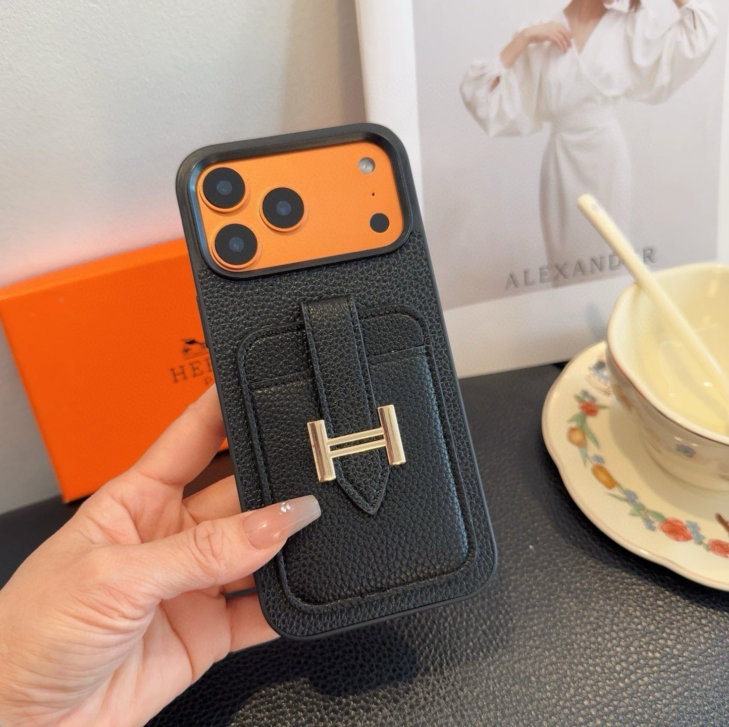 Hermès-Style Leather Card Holder Phone Case with H Buckle & Shockproof Bumper - The Luxe Case