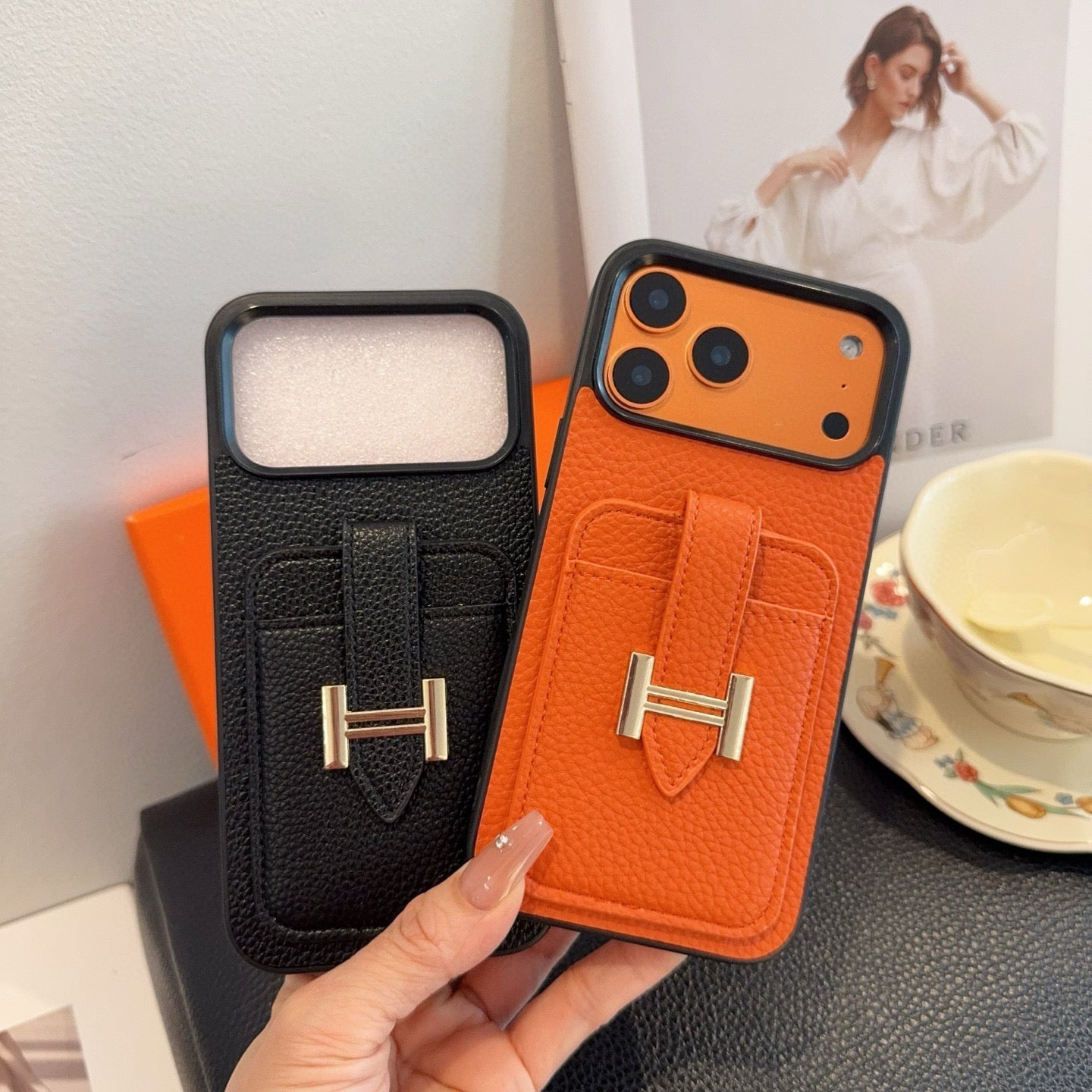 Hermès-Style Leather Card Holder Phone Case with H Buckle & Shockproof Bumper - The Luxe Case