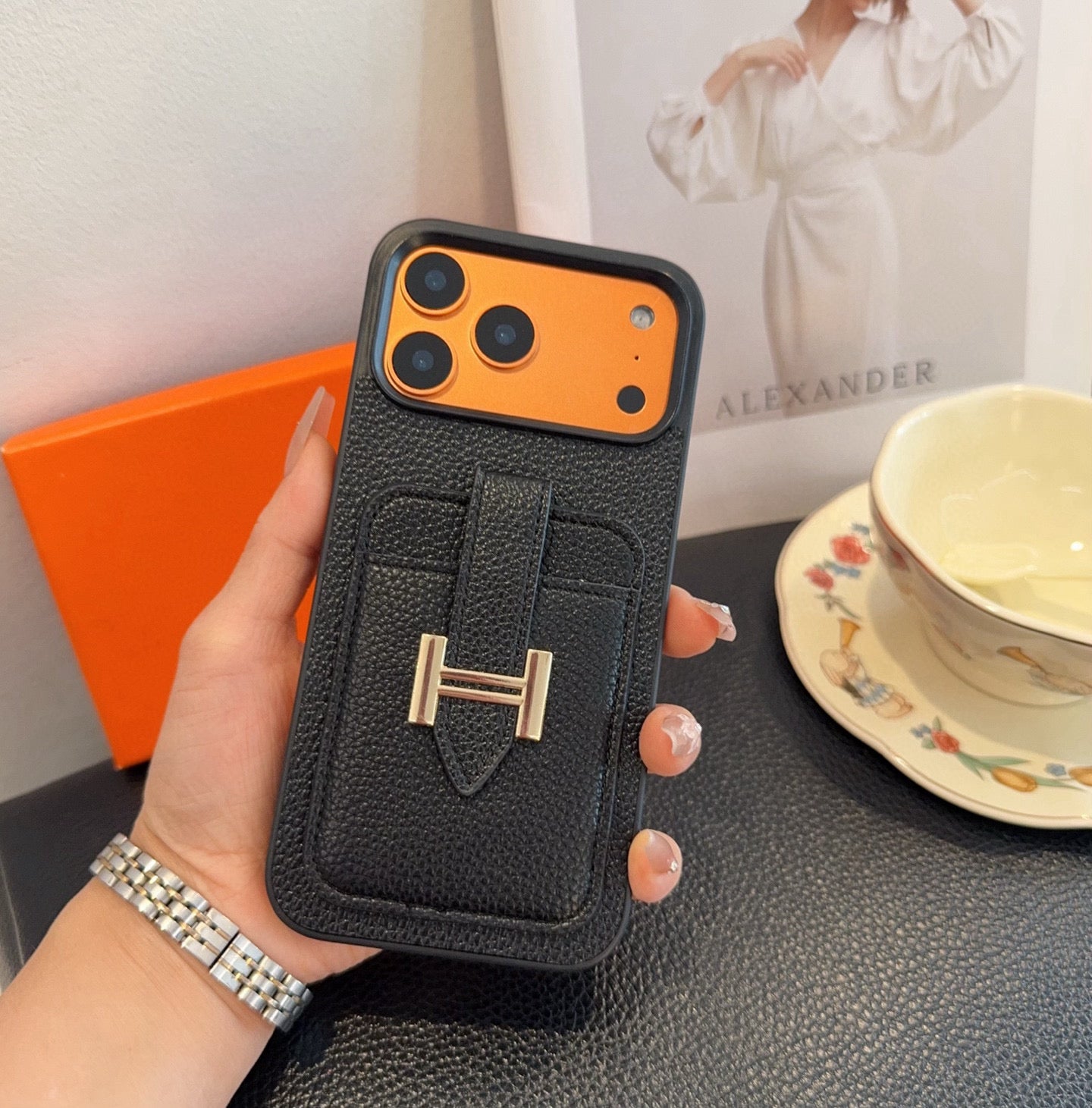 Hermès-Style Leather Card Holder Phone Case with H Buckle & Shockproof Bumper - The Luxe Case