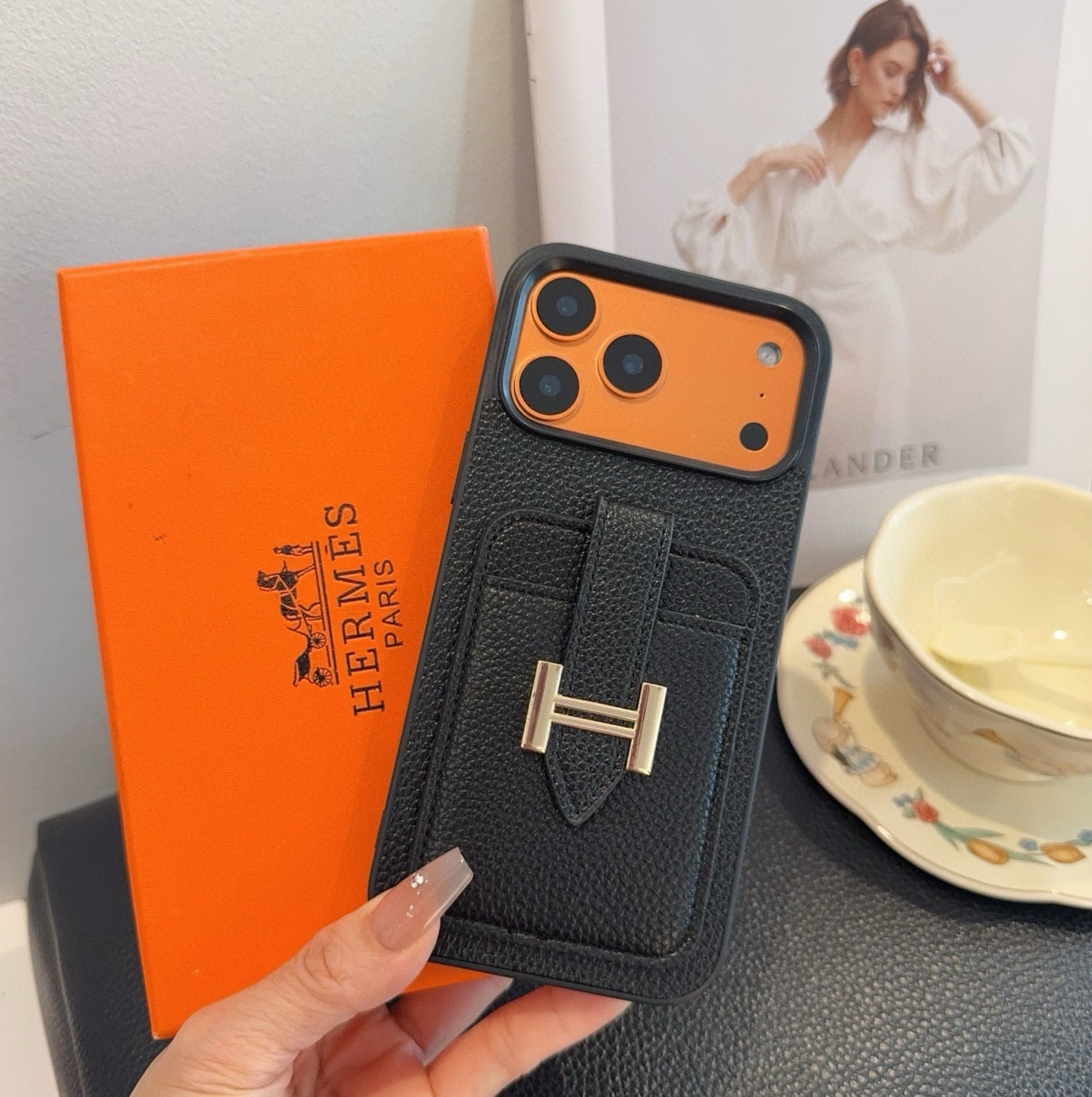 Hermès-Style Leather Card Holder Phone Case with H Buckle & Shockproof Bumper - The Luxe Case