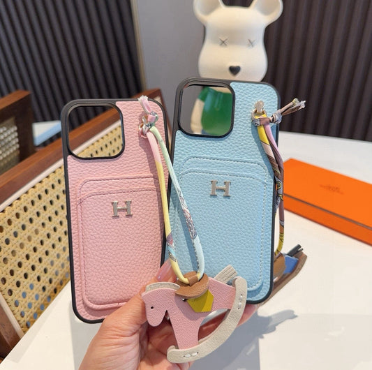 Hermès Style Luxury Leather Card Holder Phone Case | Wrist Strap & Horse Charm - The Luxe Case