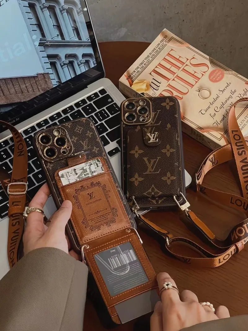 Monogram Leather V iPhone Wallet Case With Crossbody Strap - The Luxe Case