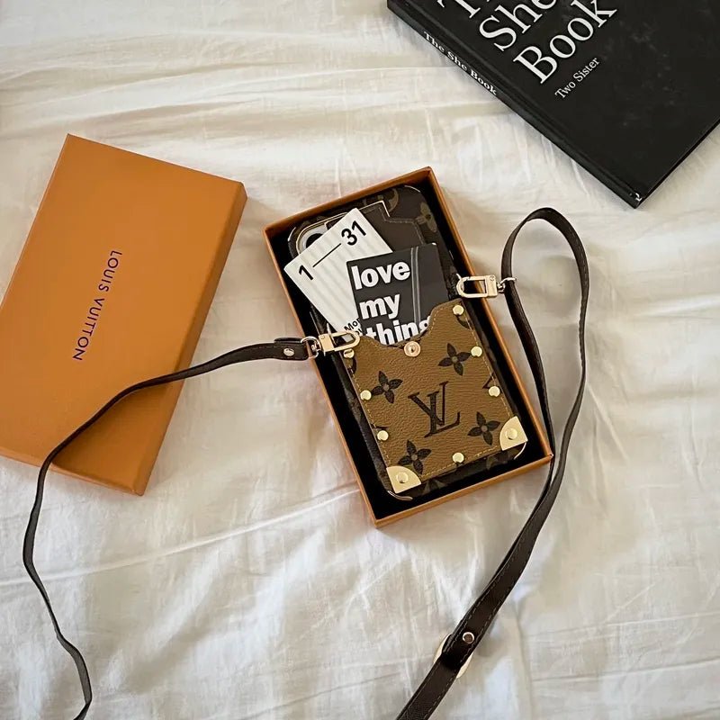 Monogram Leather V iPhone Wallet Case With Crossbody Strap - The Luxe Case