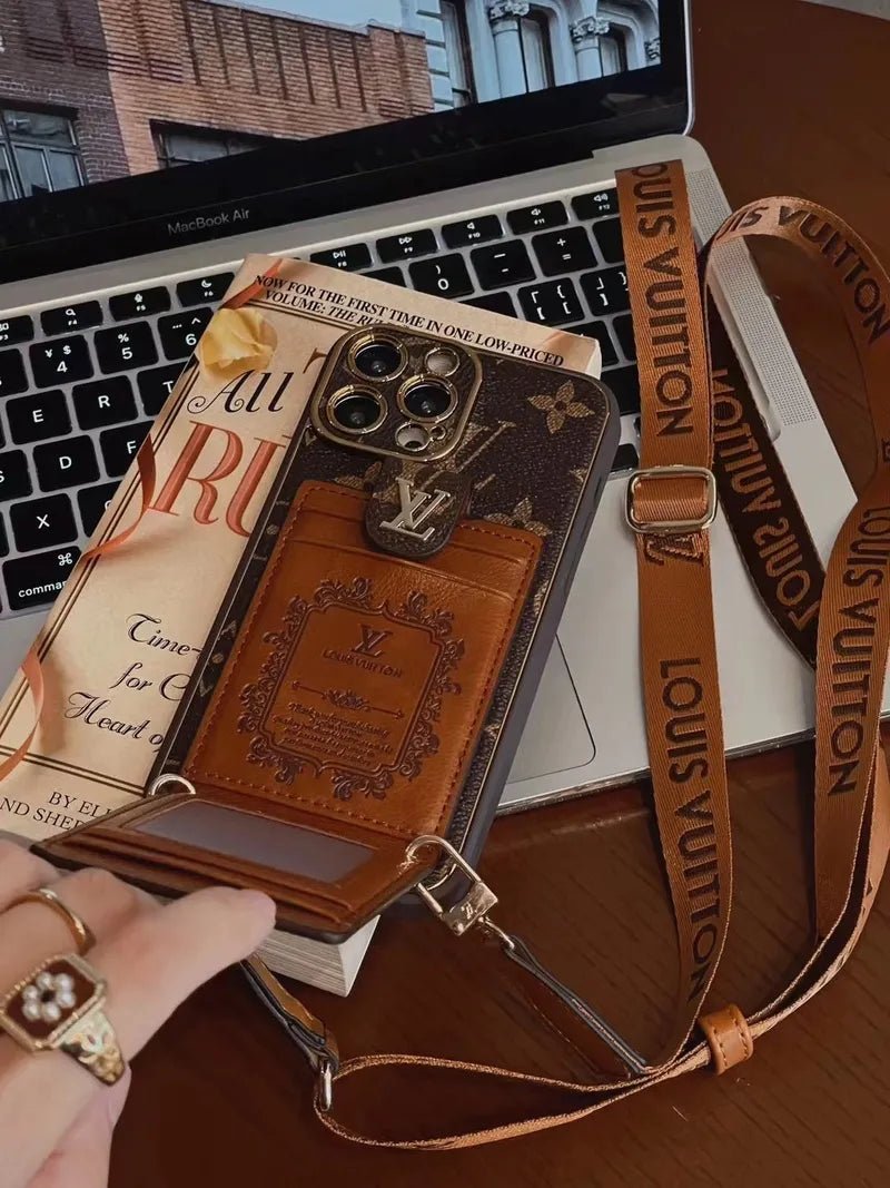 Monogram Leather V iPhone Wallet Case With Crossbody Strap - The Luxe Case