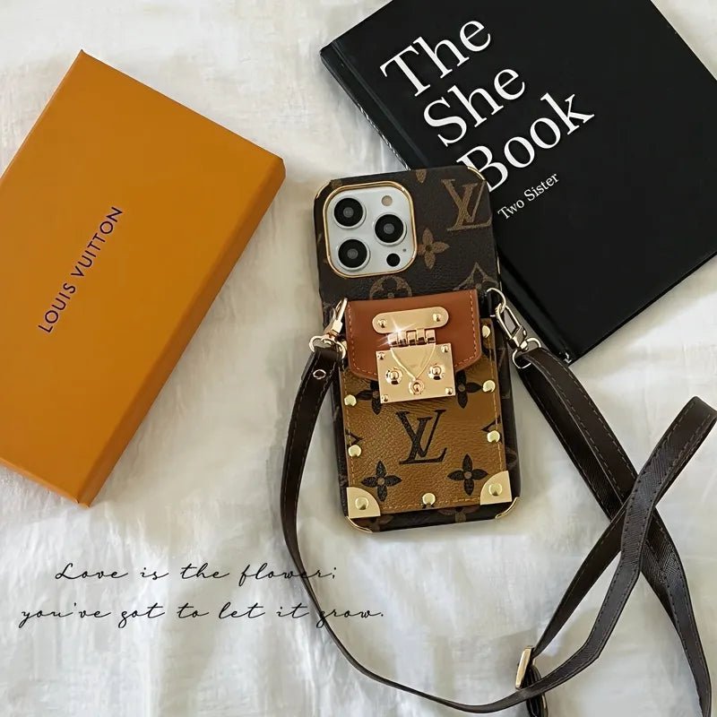 Monogram Leather V iPhone Wallet Case With Crossbody Strap - The Luxe Case