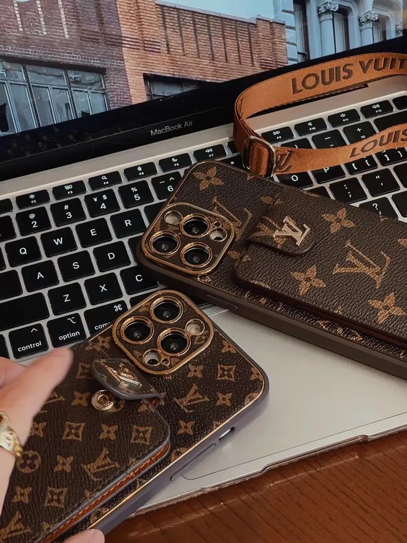 Monogram Leather V iPhone Wallet Case With Crossbody Strap - The Luxe Case