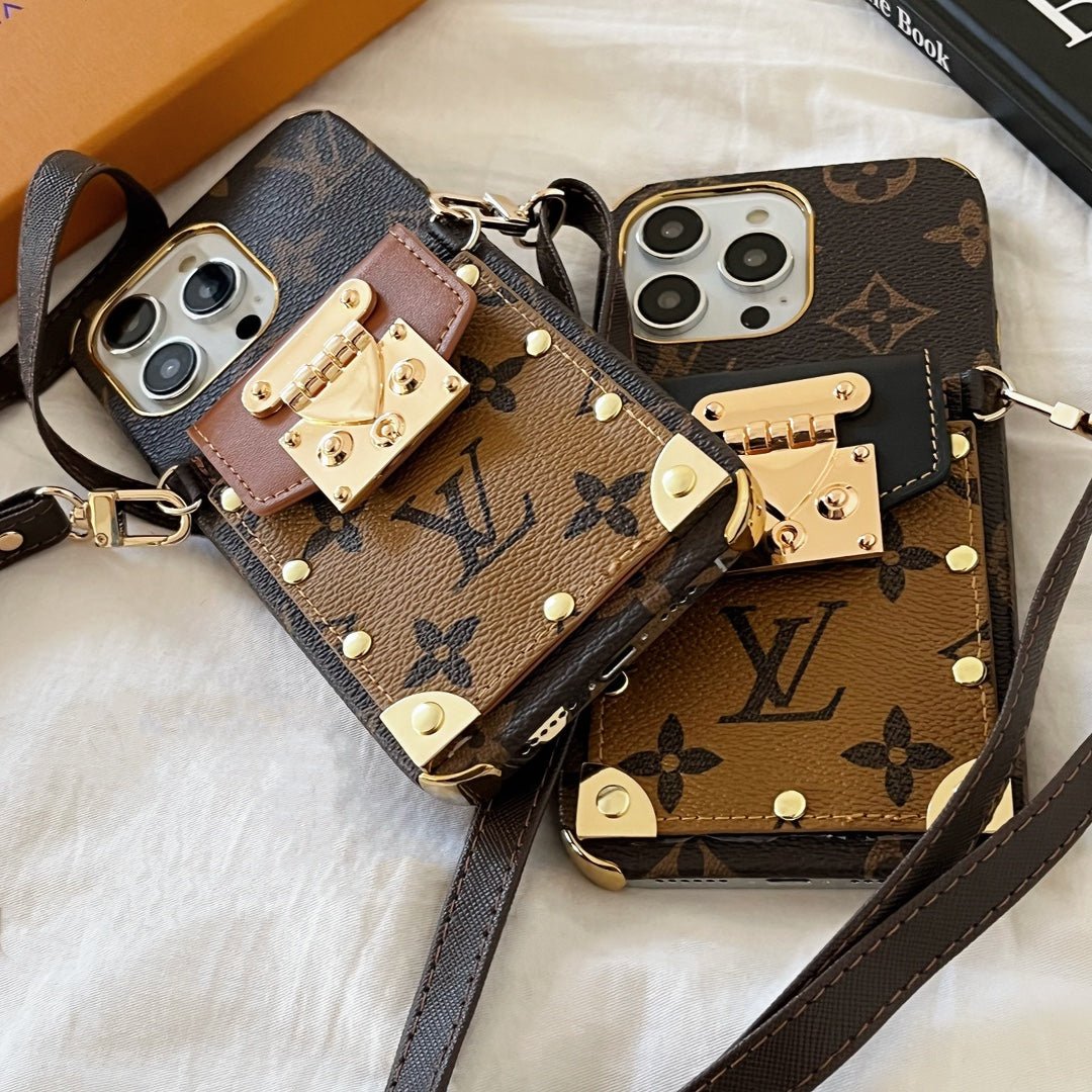 Stylish LV iPhone Case with Card Holder & Crossbody Strap - The Luxe Case